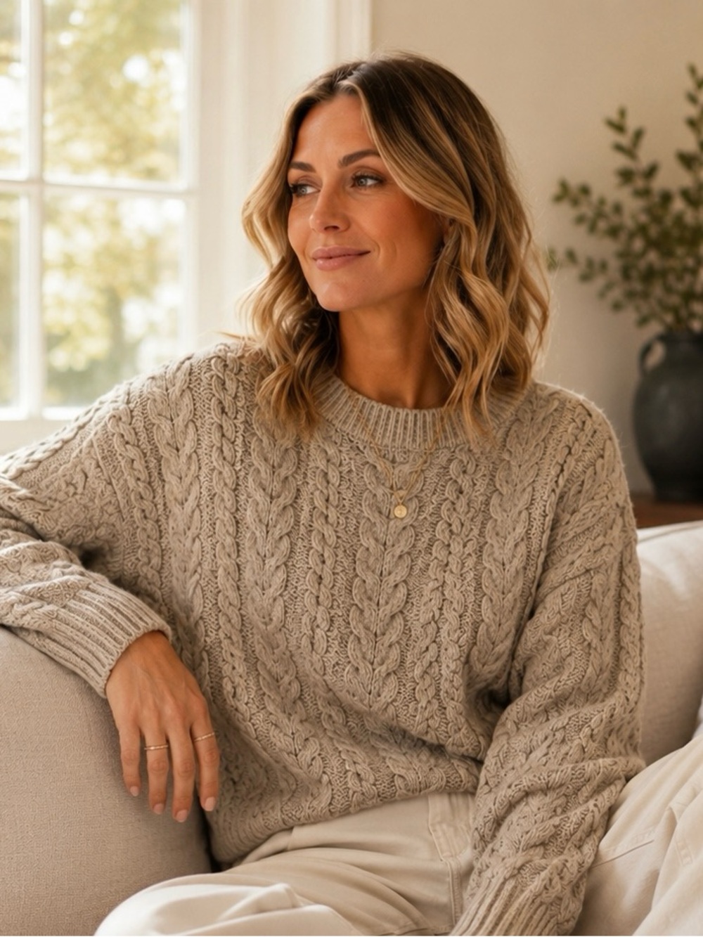 JOIE Beige Cable Knit Crewneck Sweater Small